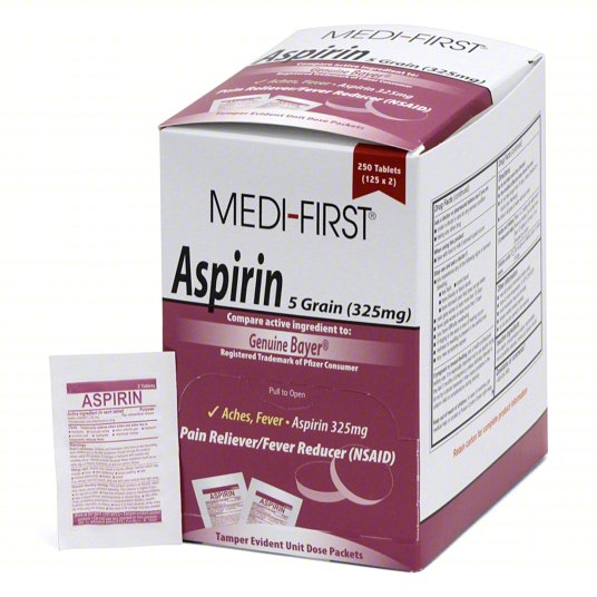 Aspirin, 125 packets/box, Each packet is a single dose and contains 2 - 325 mg tablets. 250 tablets per box