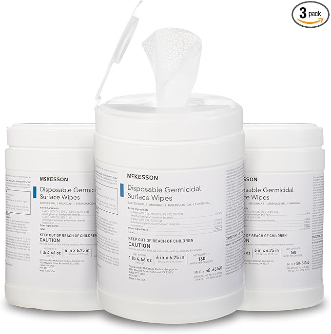 McKesson Disposable Germicidal Surface Wipes, 160 Wipes Per Canister- 3 Canisters/Case