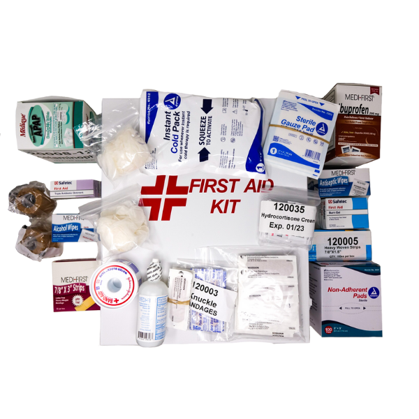 Medium First Aid Kit, packaged in wall mountable metal case.